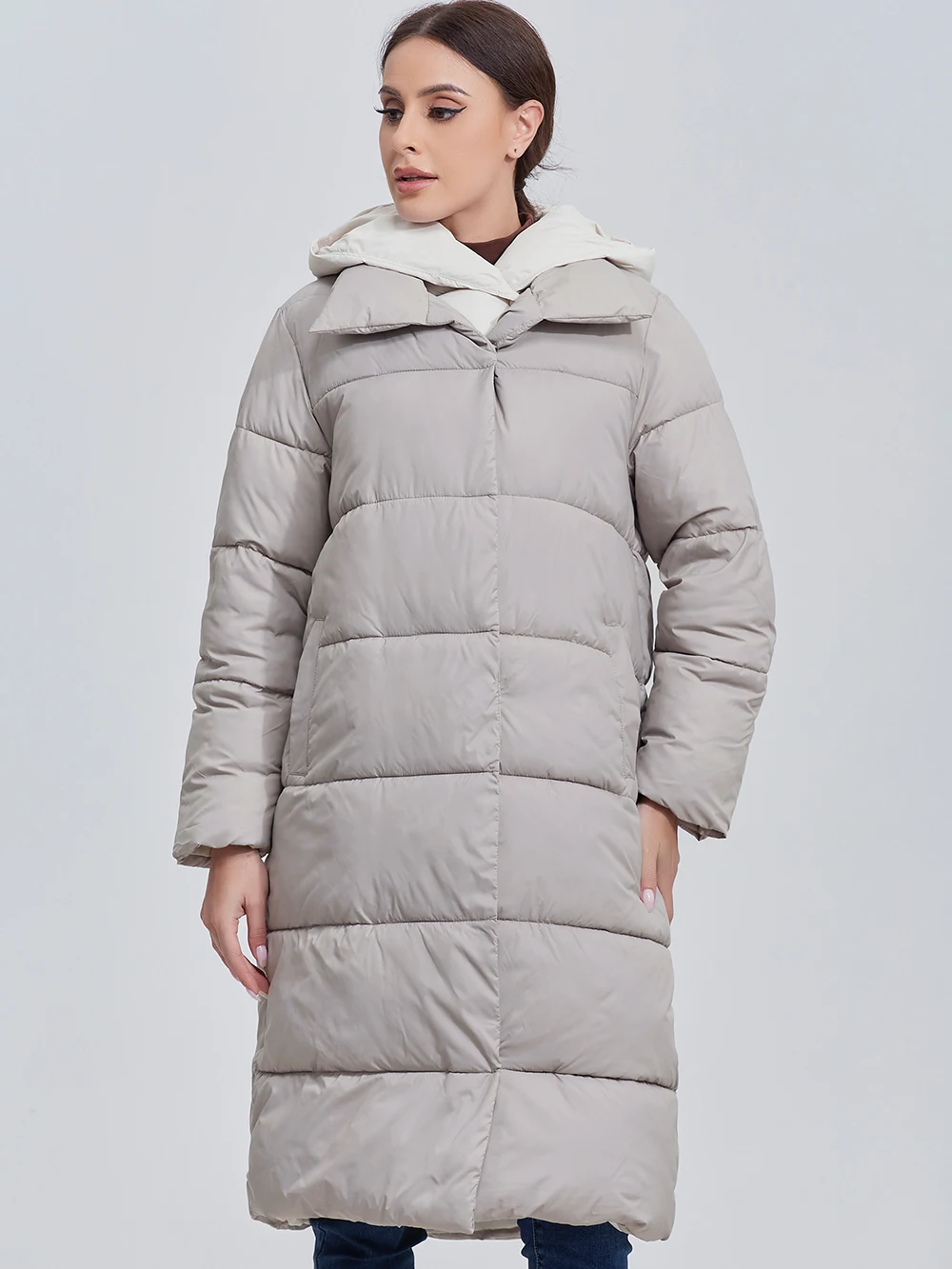 Color: Dark Grey, Size: M - Marwin 2023 Winter Elegant Women's Cotton Coat Stylish Collar Long Warm Hooded Jacket Female Windproof Parka