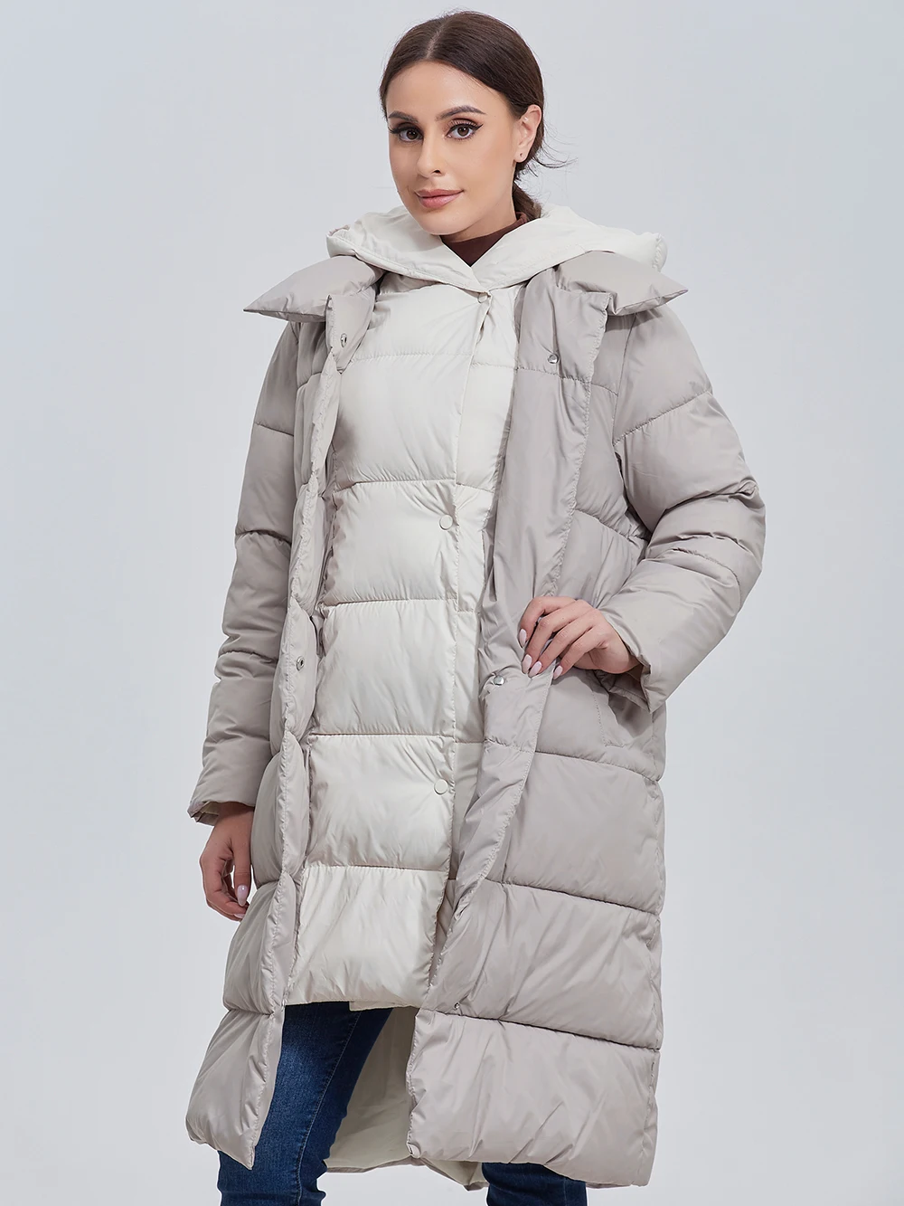 Color: Dark Grey, Size: M - Marwin 2023 Winter Elegant Women's Cotton Coat Stylish Collar Long Warm Hooded Jacket Female Windproof Parka