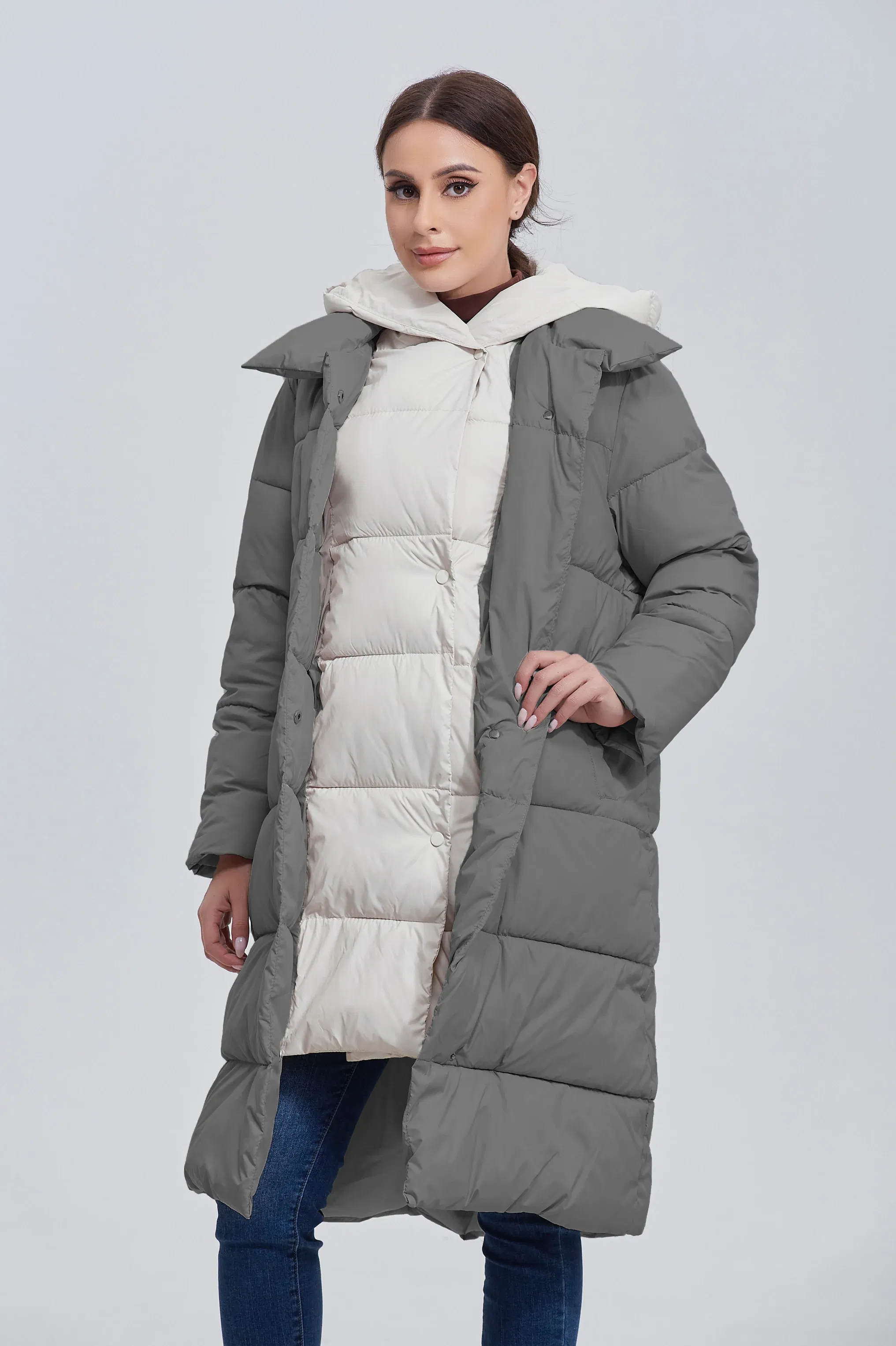 Color: Dark Grey, Size: M - Marwin 2023 Winter Elegant Women's Cotton Coat Stylish Collar Long Warm Hooded Jacket Female Windproof Parka