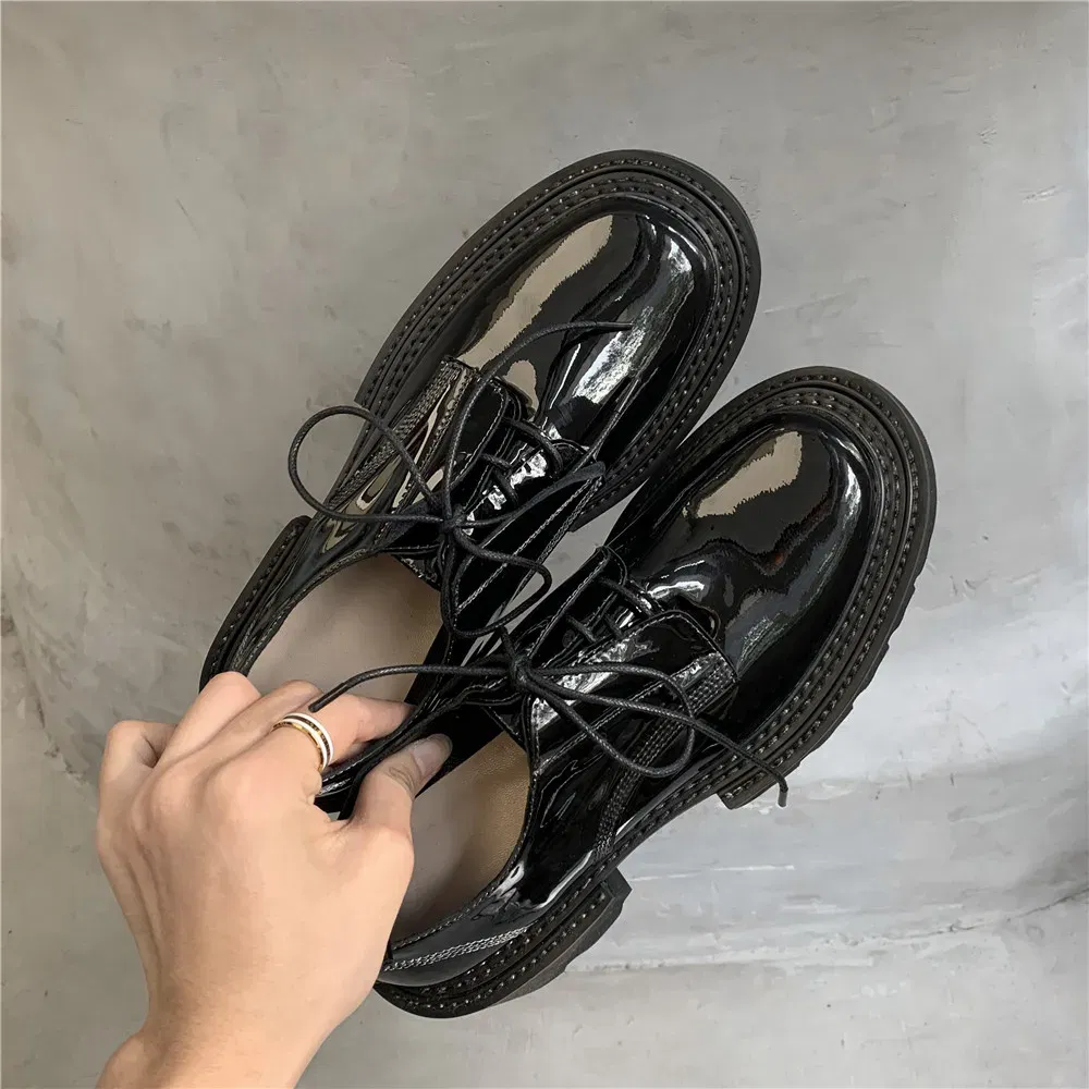 Color: Beige, Shoe Size: 5 - MILI-MIYA New Arrival Thick Heels Women Cow Patent Leather Pumps Lace Up Round Toe Fashion Street Casual Shoes Size 34-42