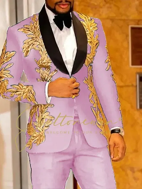 Color: Pink, Size: 5XL - Luxury Groom Wedding Tuxedos Gold Sequins Appliques Black Men Suits Slim Fit Costume Homme Marriage Prom Suits
