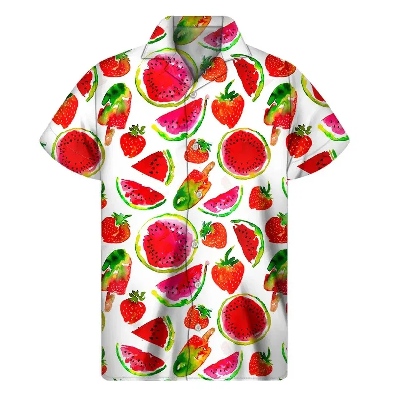 Color: army green, Size: S - Tropical Watermelon Graphic Hawaiian Shirt Summer Street Short Sleeves 3d Printed Fruits Button Shirts Men Clothes Lapel Blouse