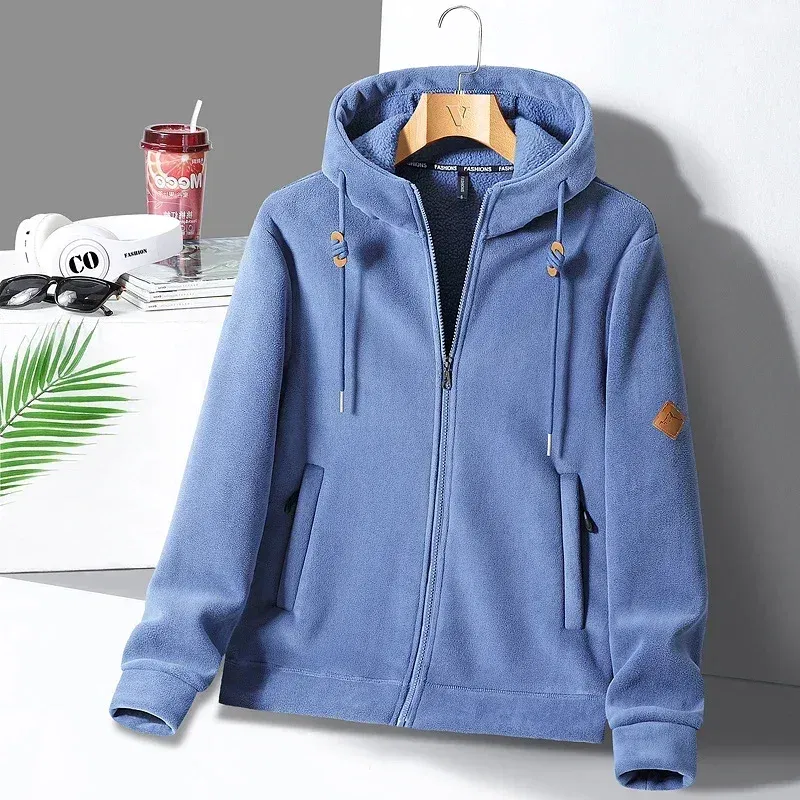 Color: Blue, Size: 4XL - Winter Warm Cashmere Jacket Mens High-end Ski Fleece Iined Thickened Hoodie Coat Casual Womens Outdoor Camping Cold-proof Jacket