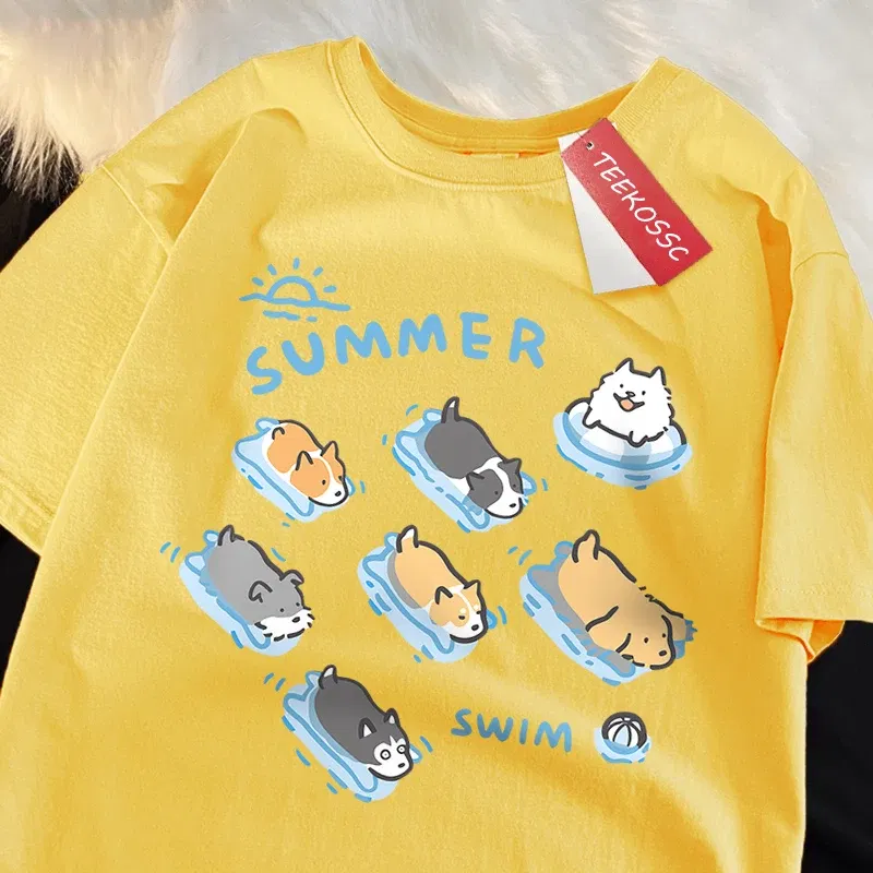 Color: GRAY, Size: L - Fun Cat And Dog Swimming Japanese Style T-Shirt Female Casual Loose T-Shirts Summer Cotton Tops Fashion Breathable Tee Clothing
