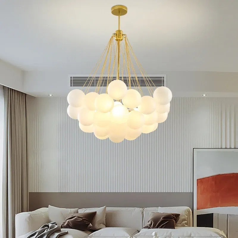 Body Color: Blue, Emitting Color: Warm White - Modern Glass Ball Hanging Chandelier for Living Dining Table Room Decoration Kitchen Lamps Gold Black LED Ceiling Pendant Light