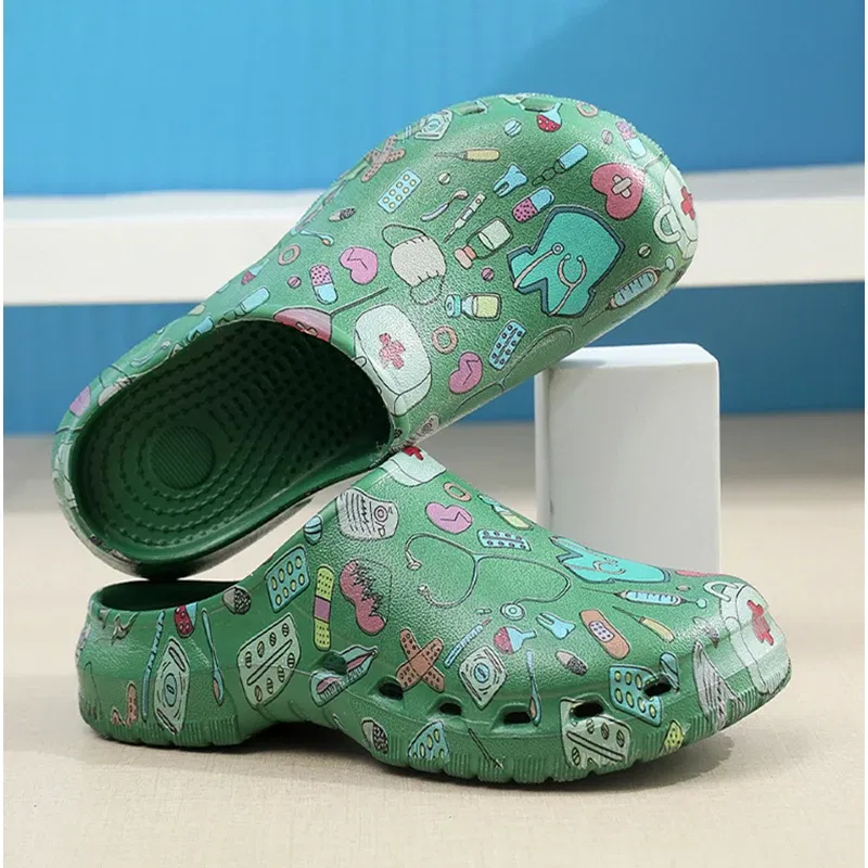 Color: Olivine, Shoe Size: 37-38 - Medical print Nurse Clogs EVA Surgical Slippers Lightweight Non-slip Doctor Scrub Clogs Dental Pet Clinic Nursing Clogs Y07-1