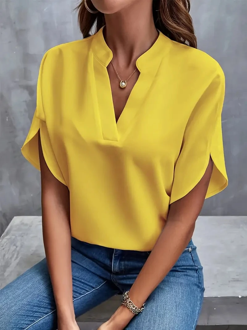 Color: Blue, Size: XXL - Women Elegant Solid Chiffon Blouse Spring Summer Casual Long Sleeve V Neck Loose Shirt Office Lady Tunics Oversized Tops 2024