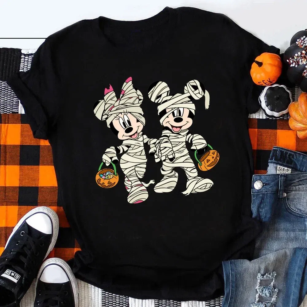 Color: Beige, Kid Size: 4T - Funny Mickey Minnie Mummy Print Disney Children Cotton T Shirts Trick Treat Fashion Halloween Cute Kid Clothes Girls Streetwear