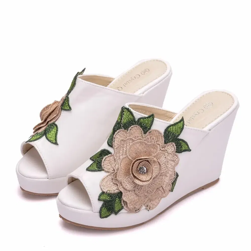 Color: Beige, Shoe Size: 41 - Crystal Queen Black White Peep Toe Platform Wedges High Heels Slippers Beach Sandals Women Lace Flower