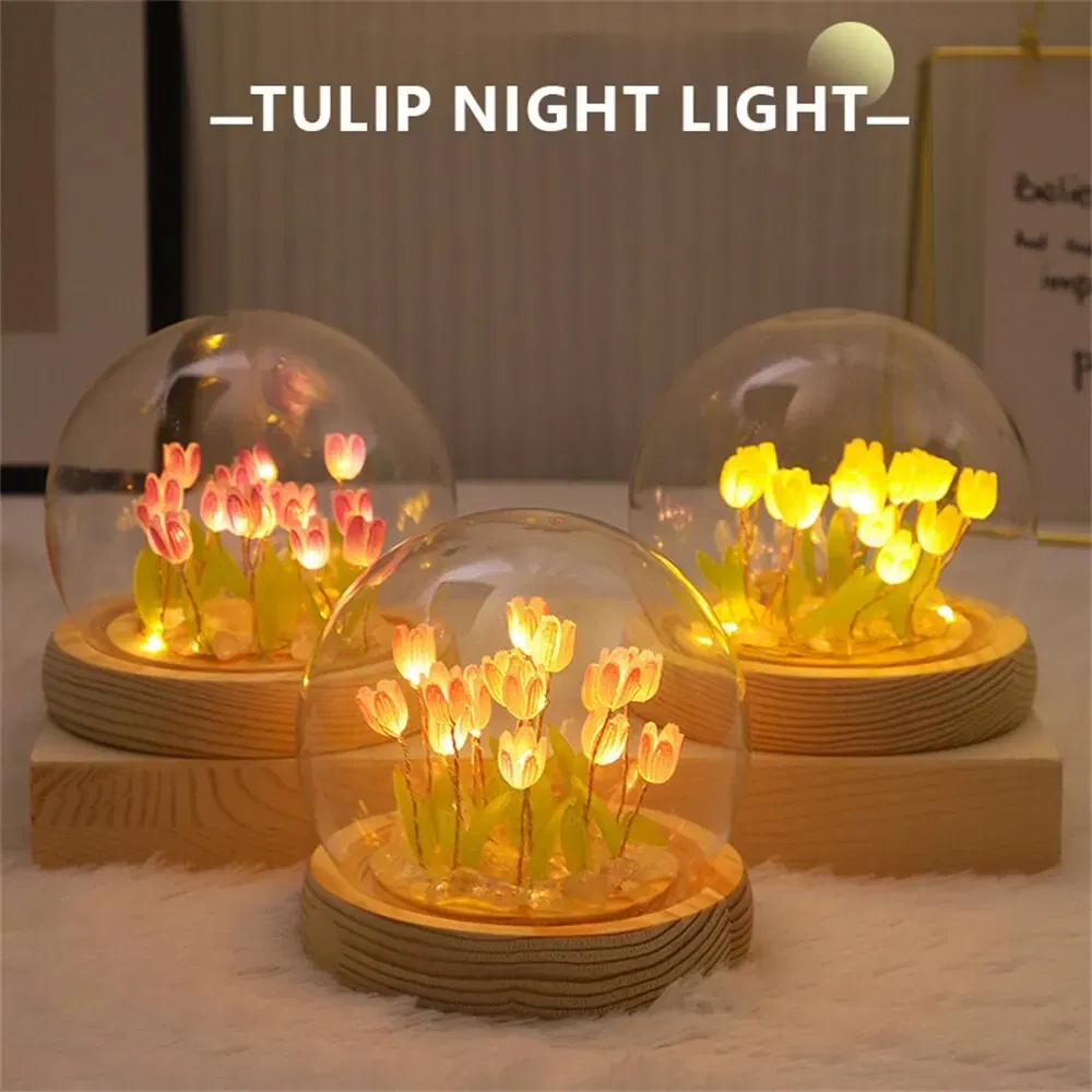 Color: black - Artificial Tulip Flower Night Light Handmade DIY Bedside Lamp LED Night Lamp Bedroom Decor Christmas Birthday Gifts Table Lamp