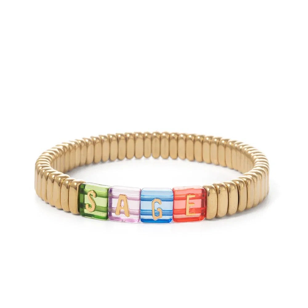 Metal Color: dark green, Ships From: CHINA - Wholesale Gold Silver Color Elastic Bracelets Handmade Letter Charms Bracelets For Women 2X8MM Beads Bracelets Bohemain Jewelry