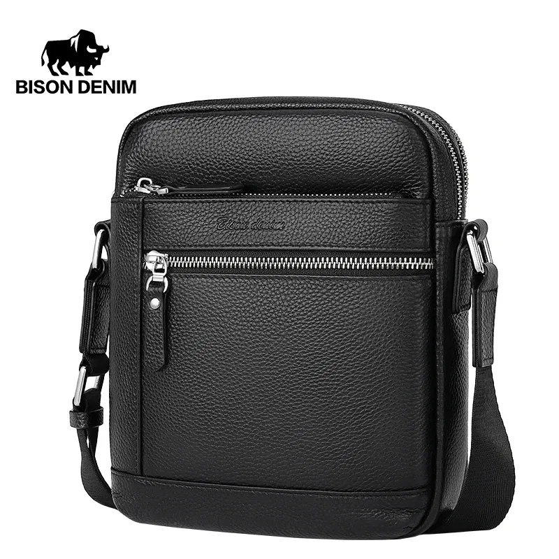 Color: Blue, Ships From: CN - BISON DENIM Classic Black Male Bag Genuine Leather Business Crossbody Bag iPad Mens Messenger Bag Casual bolsas male N2845