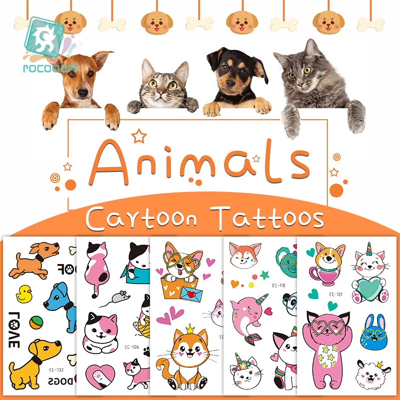 Color: green - Cartoon Animal Waterproof Temporary Tattoo Cute Pet Cats and Dogs Tattoo Stickers Children Boy Girl Fake Body Art Flash Tatoo