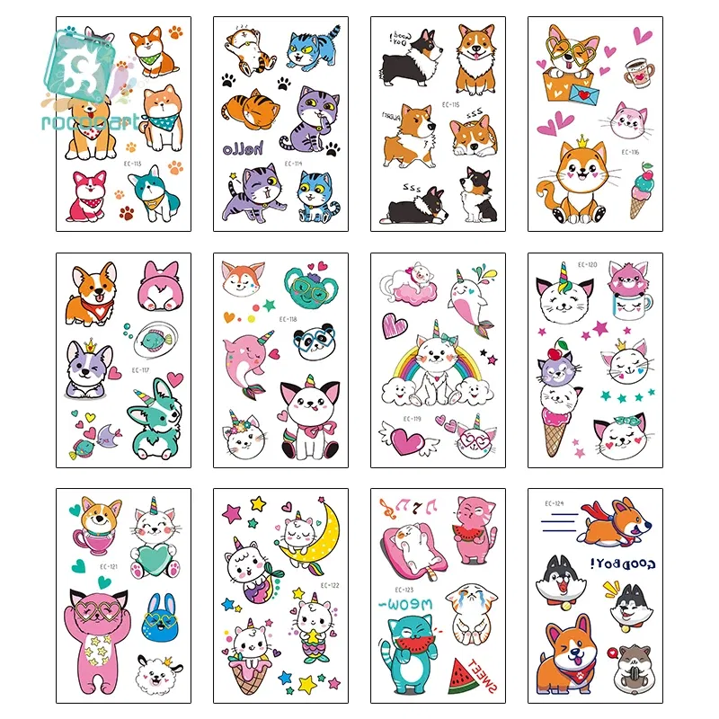 Color: green - Cartoon Animal Waterproof Temporary Tattoo Cute Pet Cats and Dogs Tattoo Stickers Children Boy Girl Fake Body Art Flash Tatoo