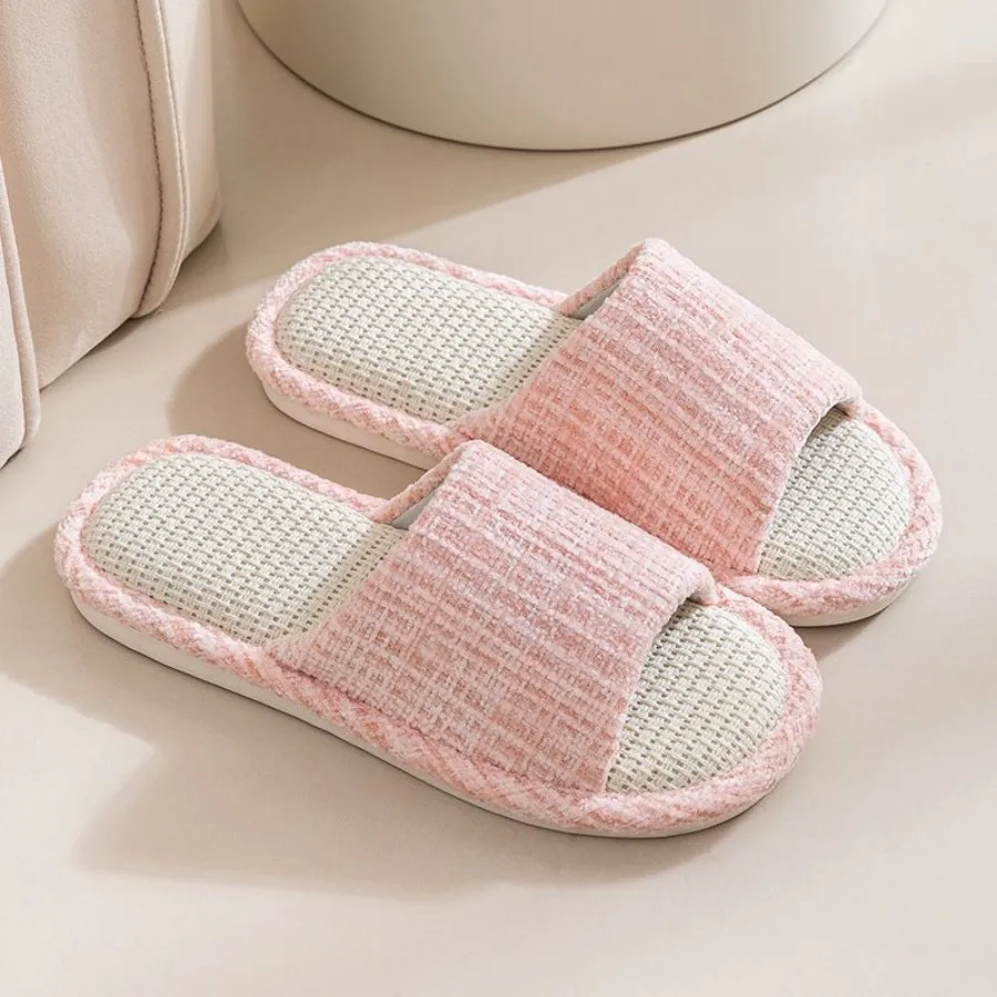 Color: Beige, Shoe Size: 40-41 - 2024 New Women's Fashion Home Linen Couple Slippers Breathable Home Shoes Moisture Absorbing Anti slip Cotton Linen Slippers