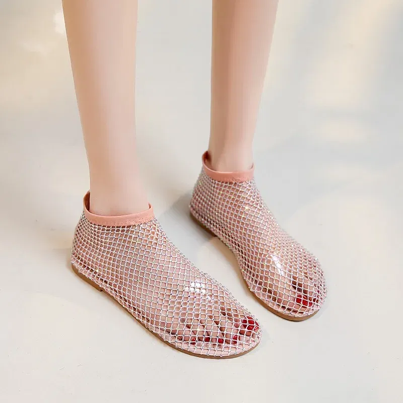 Color: Beige, Shoe Size: 37 - Women Summer New Fashion Mesh Luxurious Rhinestone Designer Simple Solid Color Sandals Daily Versatile Round Toe Womens Sandal