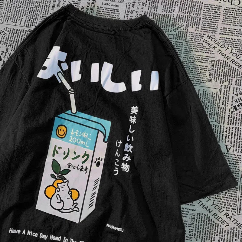 Color: Khaki, Size: L - Cute Japanese Cat Print Oversized T-shirt men Women Short Sleeve Loose Casual Tee Shirt Streetwear Tops Cotton Harajuku Clothing