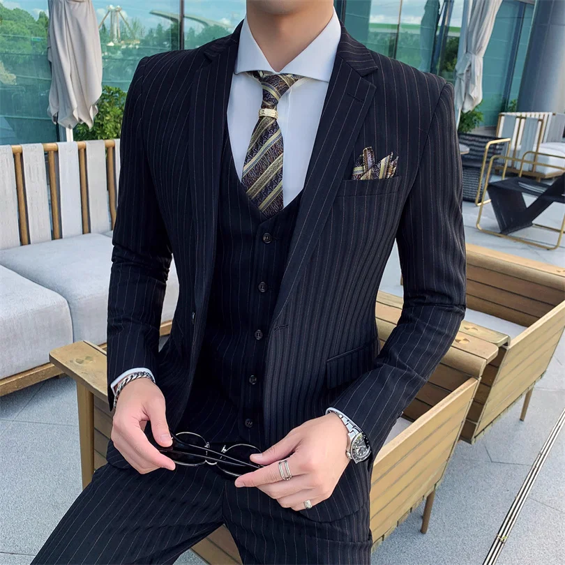 Color: black, Size: M - Gray Men Classic Striped/Checked Suits, Business Office 3 Piece, Asian Size Slim Fit Men Dress Jacket & Pants with Vest, S-4XL
