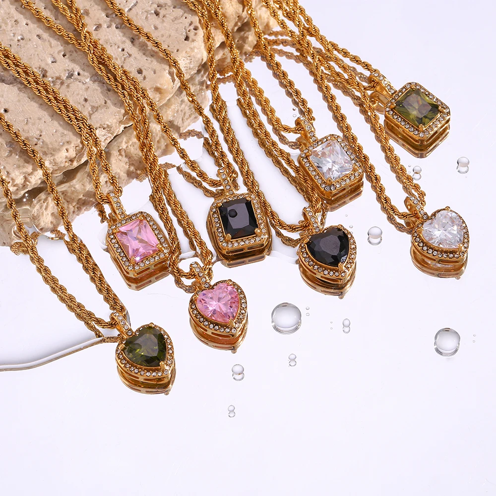 Metal Color: Steel color - 2022 New Stainless Steel PVD Plating Heart Shape AAA Cubic Zircon Stone Pendant Necklace Ladies Party Christmas Jewelry Gift