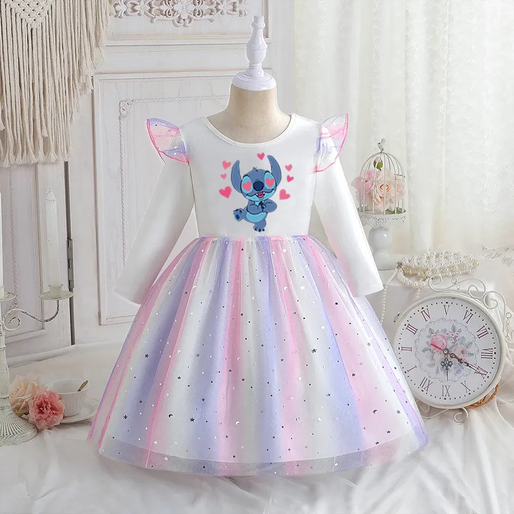 Color: Red, Kid Size: 3T - Stitch Princess Dress Autumn New Disney Baby Girls Dress Spring Autumn Long-sleeved For Children Kids Clothes Birthday Party