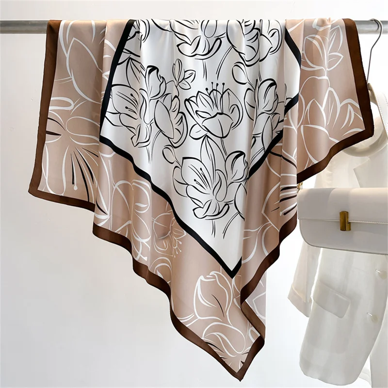 Color: Beige, Size: One Size - 2024 Luxury New Retro Printed Silk Scarf 90cm Twill Silk Scarf Lotus Fashion Large Square Scarves Sunscreen Shawl Headscarf