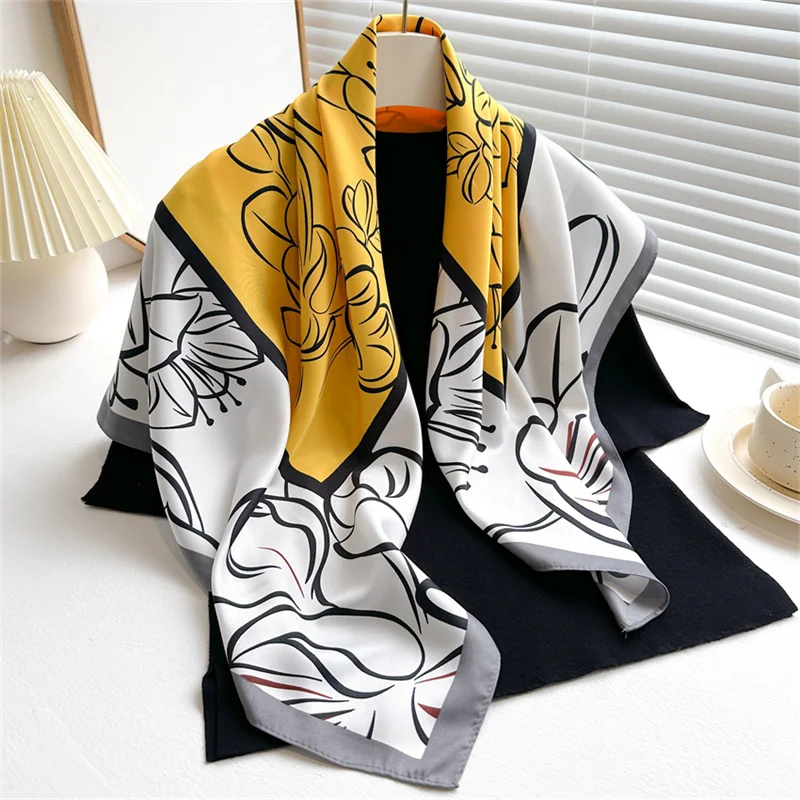 Color: Beige, Size: One Size - 2024 Luxury New Retro Printed Silk Scarf 90cm Twill Silk Scarf Lotus Fashion Large Square Scarves Sunscreen Shawl Headscarf
