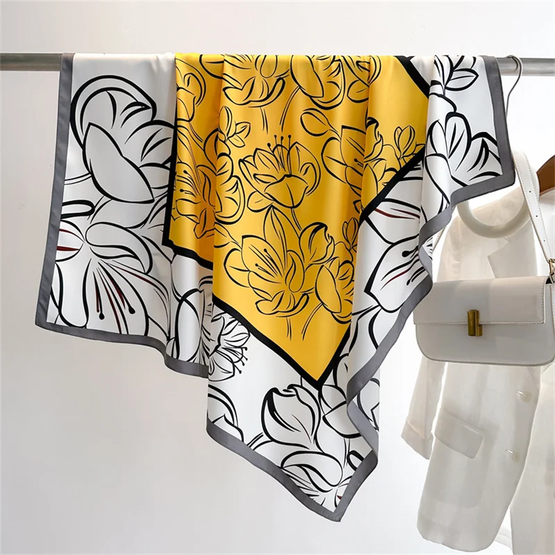 Color: Beige, Size: One Size - 2024 Luxury New Retro Printed Silk Scarf 90cm Twill Silk Scarf Lotus Fashion Large Square Scarves Sunscreen Shawl Headscarf