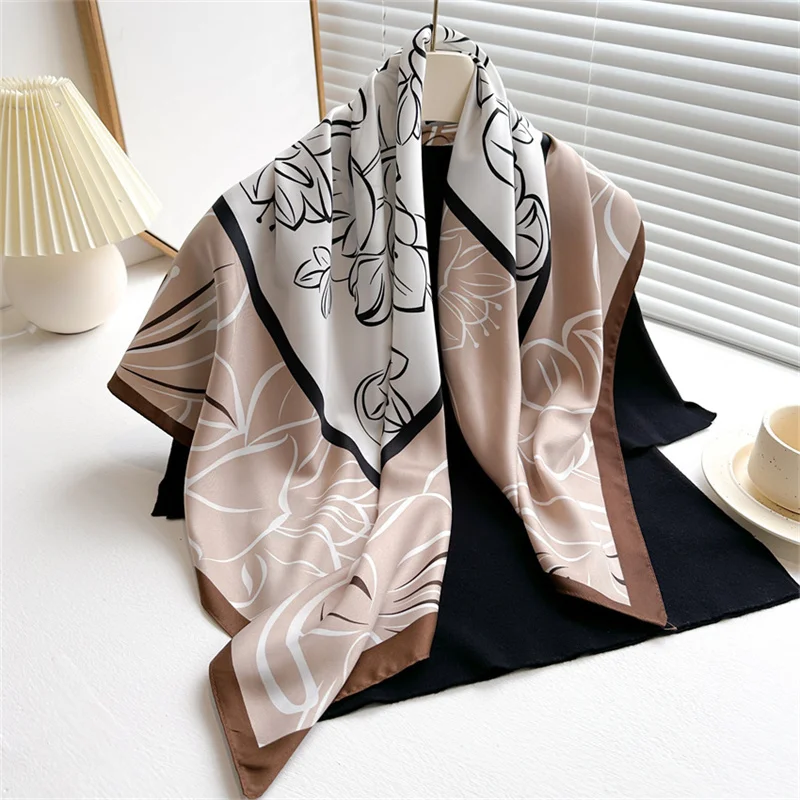 Color: Beige, Size: One Size - 2024 Luxury New Retro Printed Silk Scarf 90cm Twill Silk Scarf Lotus Fashion Large Square Scarves Sunscreen Shawl Headscarf