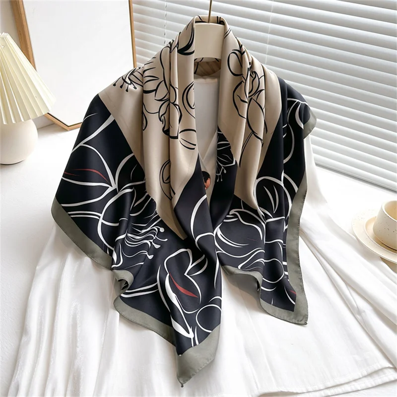 Color: Beige, Size: One Size - 2024 Luxury New Retro Printed Silk Scarf 90cm Twill Silk Scarf Lotus Fashion Large Square Scarves Sunscreen Shawl Headscarf