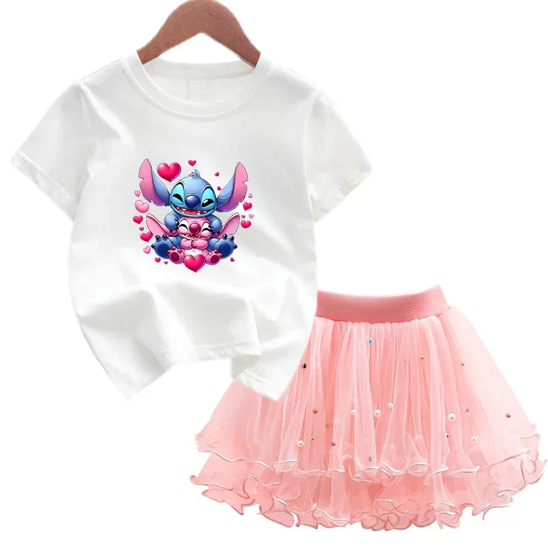 Color: Ivory, Kid Size: 5 - 2pcs Lilo Stitch Summer Girls Outfits Cartoon T-shirt and Tutu Skirt Princess Clothes Suit Children Birthday Clothing Sets