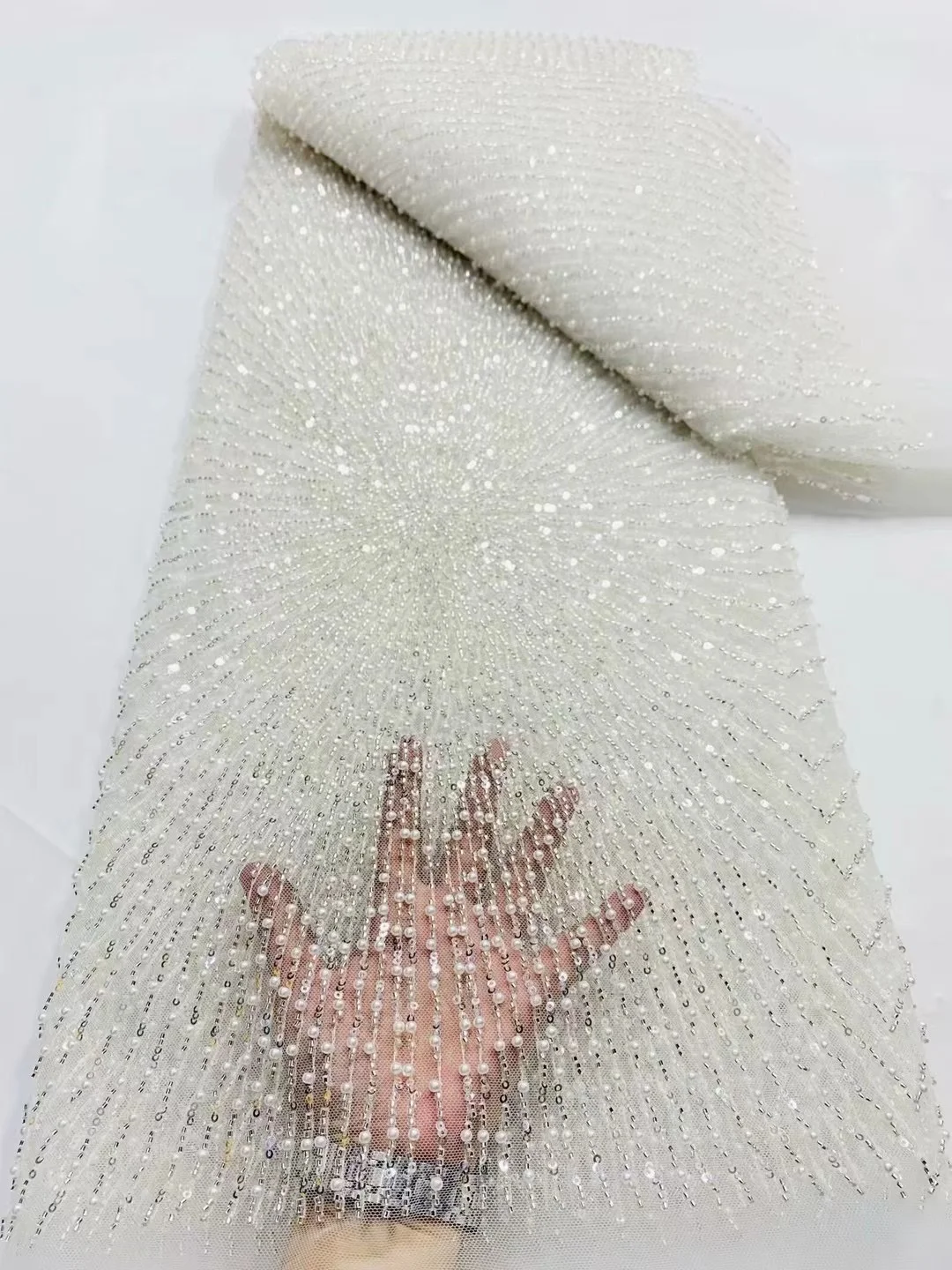 Color: Midnight Blue, Width: 120cm, Length: 5 yards - Wholesale Beaded Lace Fabric, French Mesh With Sequence, African Lace Fabric 2025 High Quality, Bridal Lace Fabric, Beaded Net