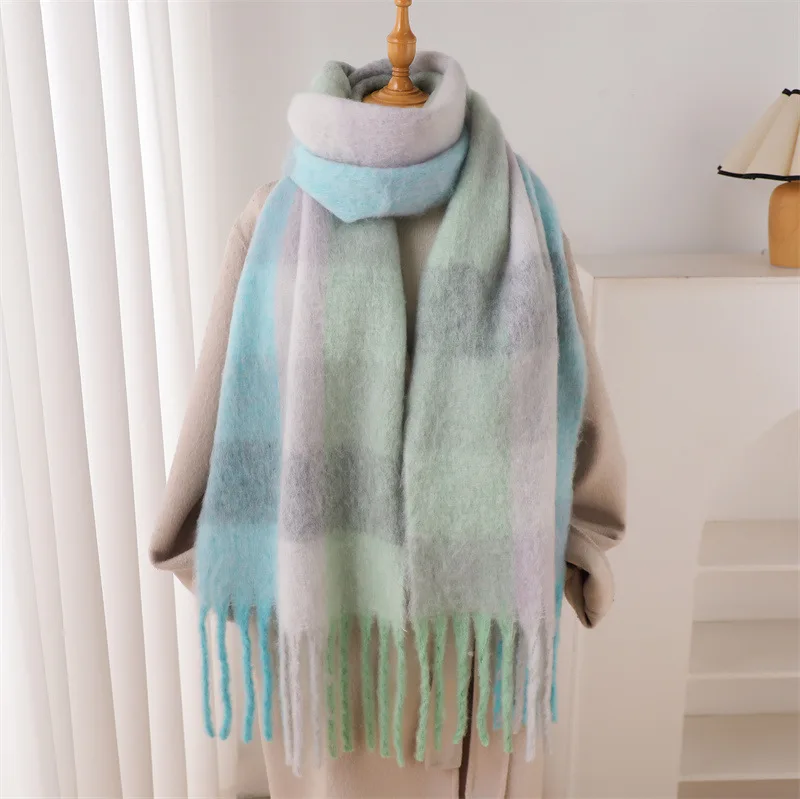 Color: light green, Size: One Size - 2025 NEW Luxury Cashmere Women Plaid Scarf Winter Warm Shawl and Wrap Bandana Pashmina Long Tassel Female Foulard Thick Blanket