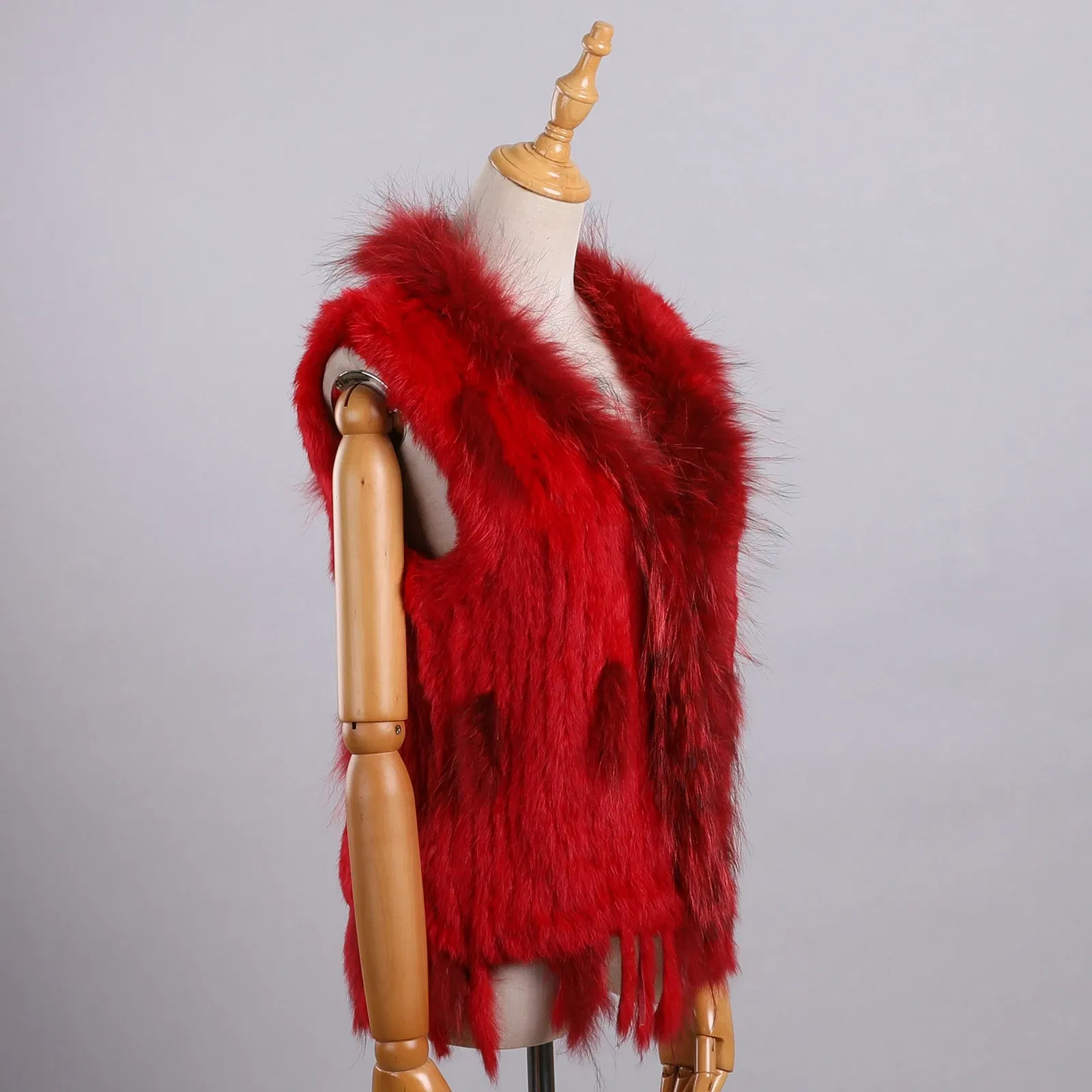 Color: Red, Size: XXL - Luxury Women's Genuine Premium Long Hair Rabbit Fur Knit Vest Raccoon Fur Trim Gilet Lady Sleeveless Waistcoat Real Fur Jacket
