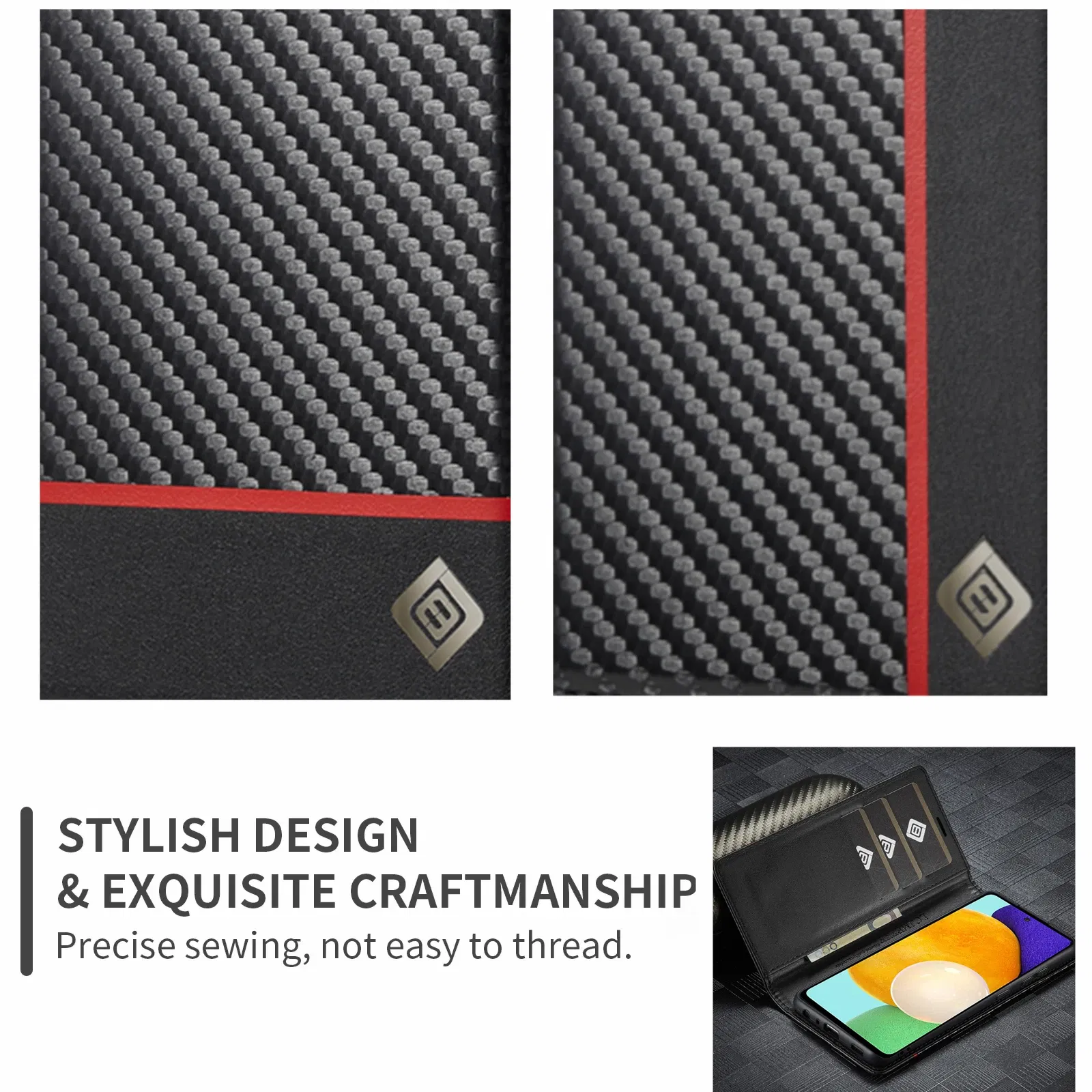 Color: Black, Material: leather - Carbon Fiber Leather Case for Samsung A14 A24 A34 A54 5G A13 A23 A33 A53 Galaxy A52 A72 A32 A12 A04S A02S Wallet Card Slot Cover