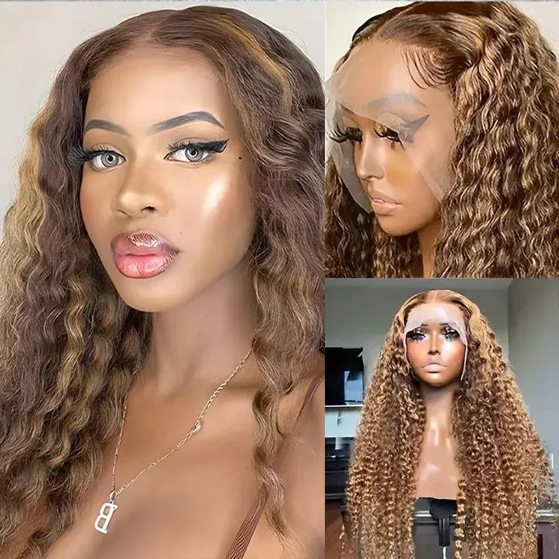 Color: #1,  Stretched Length: 34inches, Density: 190% - Highlight colored 13x6 hd lace frontal human hair deep wave wig for women brazilian glueless curly cheap wigs on sale clearance