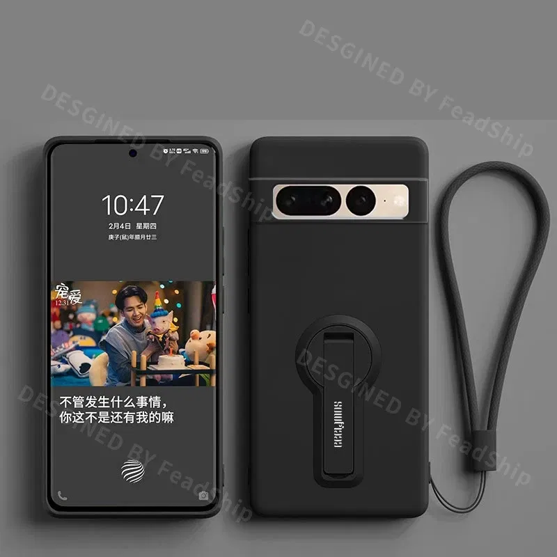 Color: black, Material: PU - Phone Case For Google Pixel 7 8 6 5 9 Pro XL Pixel 7A 6A 5A 8A 9A Soft Cover Silicone Case with Holder Stand Bracket Lanyard