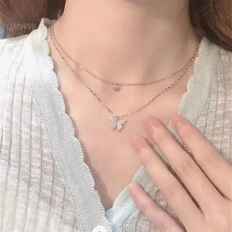 Metal Color: Dark Gold, Ships From: CHINA - Necklace Unique Design Exquisite Sparkling Pendant Necklace Flash Double Layer Butterfly Pendant Joker Necklace