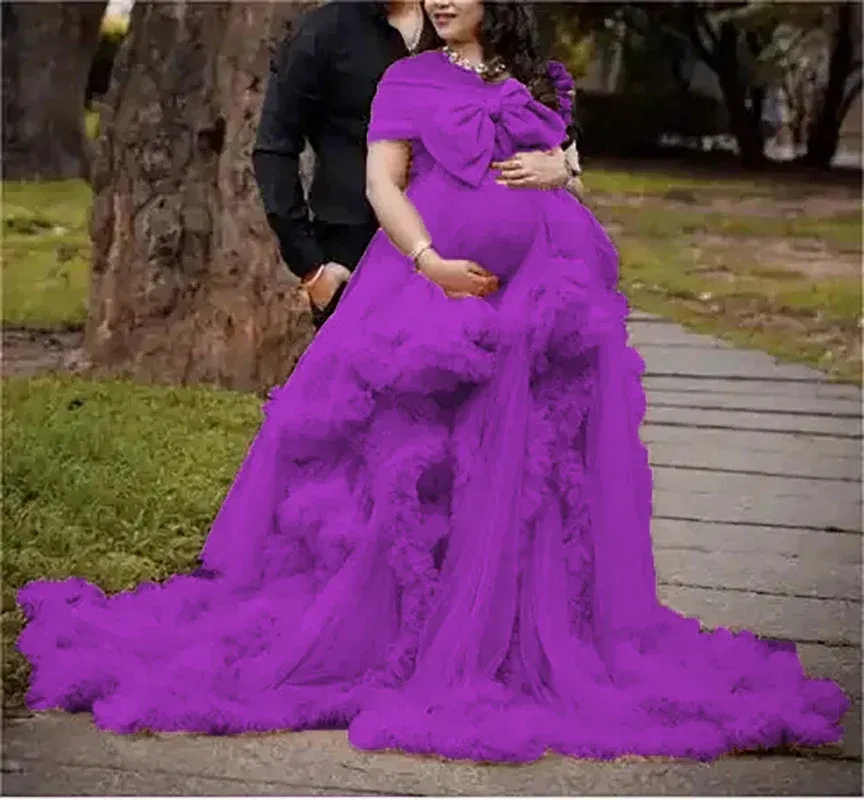 Color: PURPLE, Maternity Size: 14, Ships From: CHINA - BIG BOW Tulle Ruffle maternity dresses photoshoot baby shower п?»?°?‚ь?µ д?»я ?±?µр?µм?µнн?‹?… فس?§تي?† ?&shy