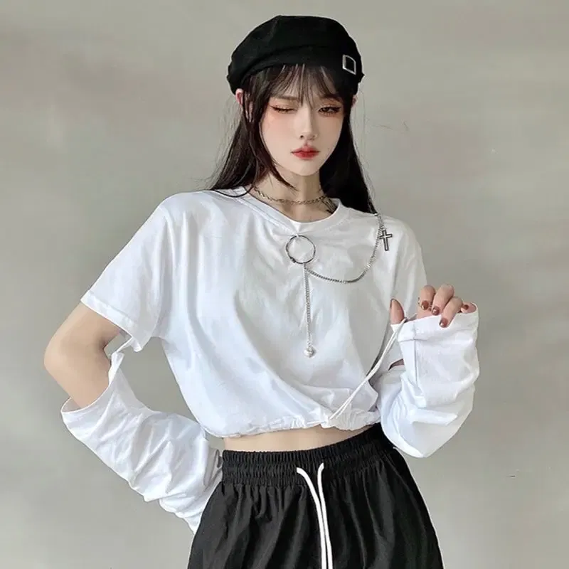 Color: WHITE, Size: L - Solid T-shirts Women Removable Sleeve Sequined Chain Japanese Style Harajuku Trendy Goth Y2k Female Crop Top Hot Sale Popular