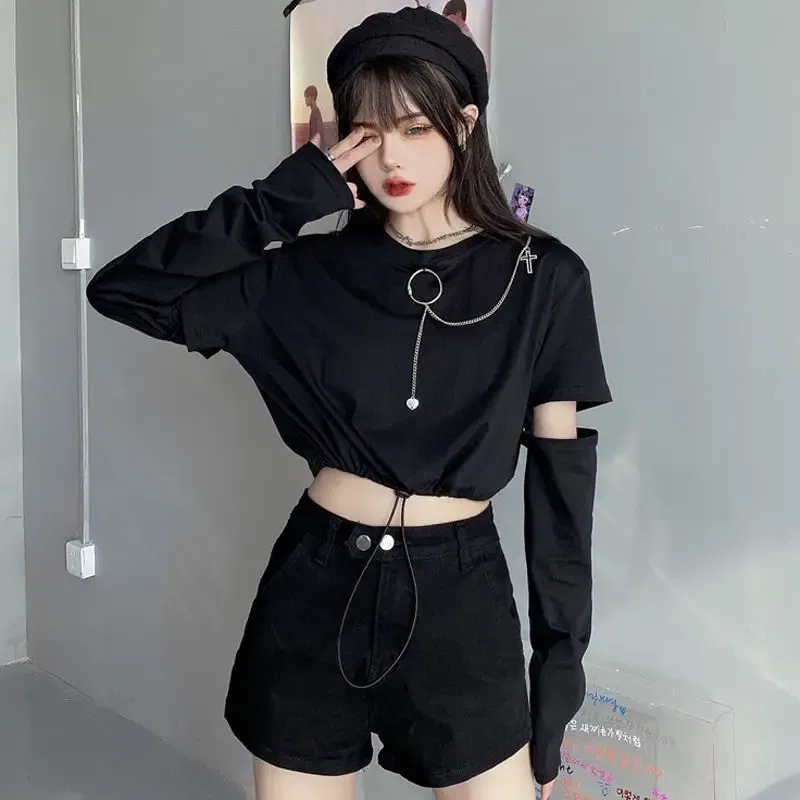 Color: WHITE, Size: L - Solid T-shirts Women Removable Sleeve Sequined Chain Japanese Style Harajuku Trendy Goth Y2k Female Crop Top Hot Sale Popular