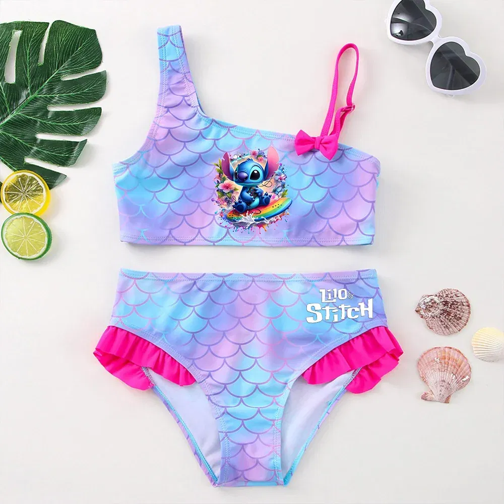 Color: MULTI, Size: M - Lilo Stitch Girls Swimsuit One-Piece Bathing Suits Children's Dresses Summer Swimwear Beach Suit Kids Wear Fashion Mermaid Fish