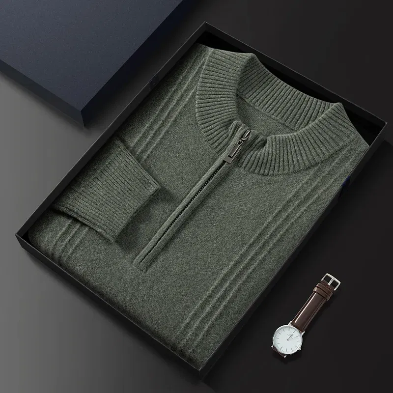 Color: army green, Size: XXL - Men's Sweater Pullover Autumn Winter Sweater Warm Clothing 100% Cashmere Business Long Sleeve Classic Quality Mock Neck Knit Top