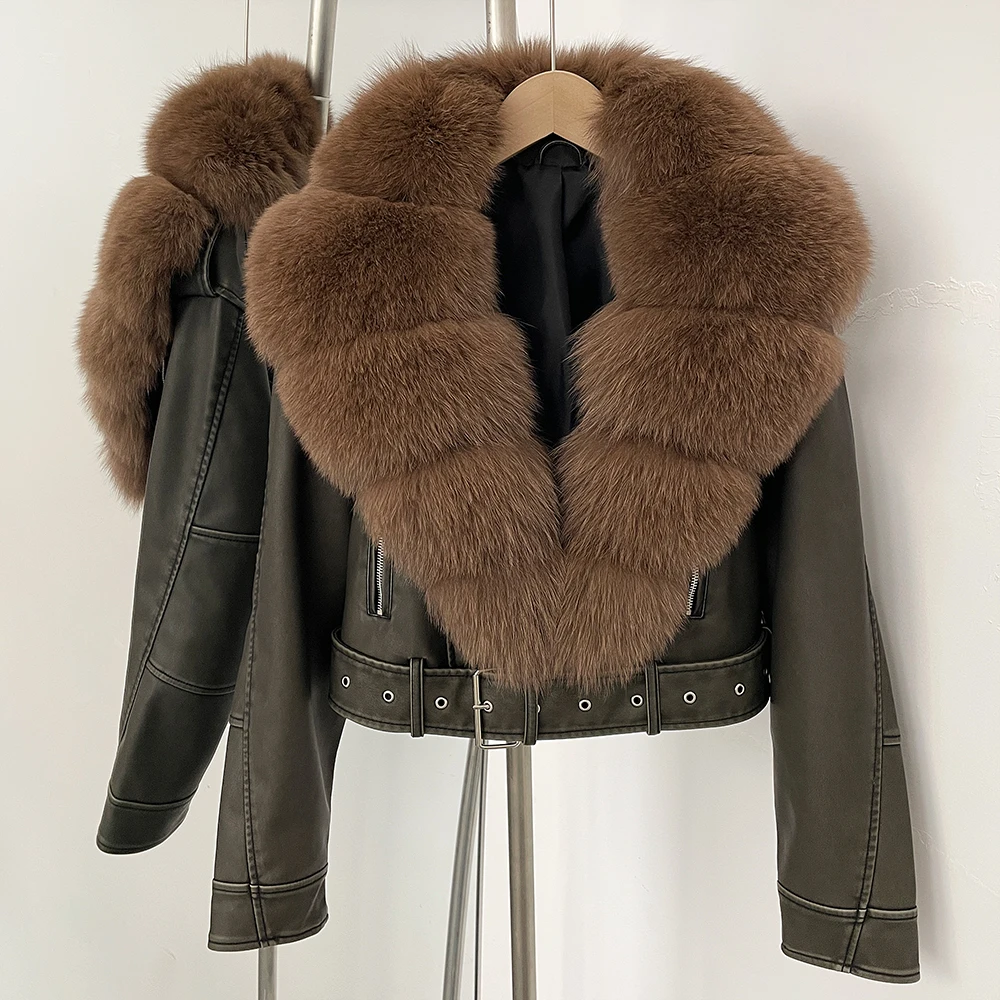 Color: Turquoise, Size: M - Fake Leather Coat New Natural Fox Fur Autumn Short Faux Leather Jacket Female Spring PU Women Long Sleeve Real Fur Coat Thin