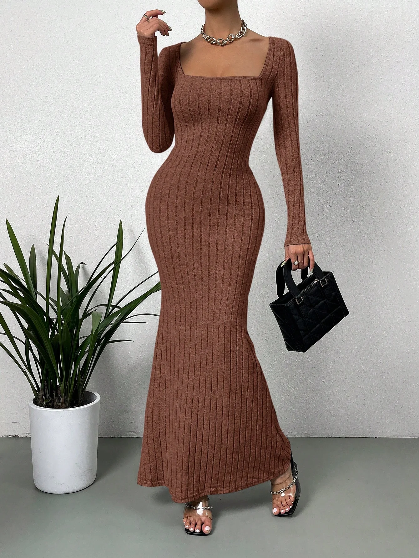 Color: Dark Brown, Size: S - Women's Sexy Square Neck Mid-Length Knitted Dress Slim Fit Retro Long-Sleeved Wrap Hip Robe for Fall