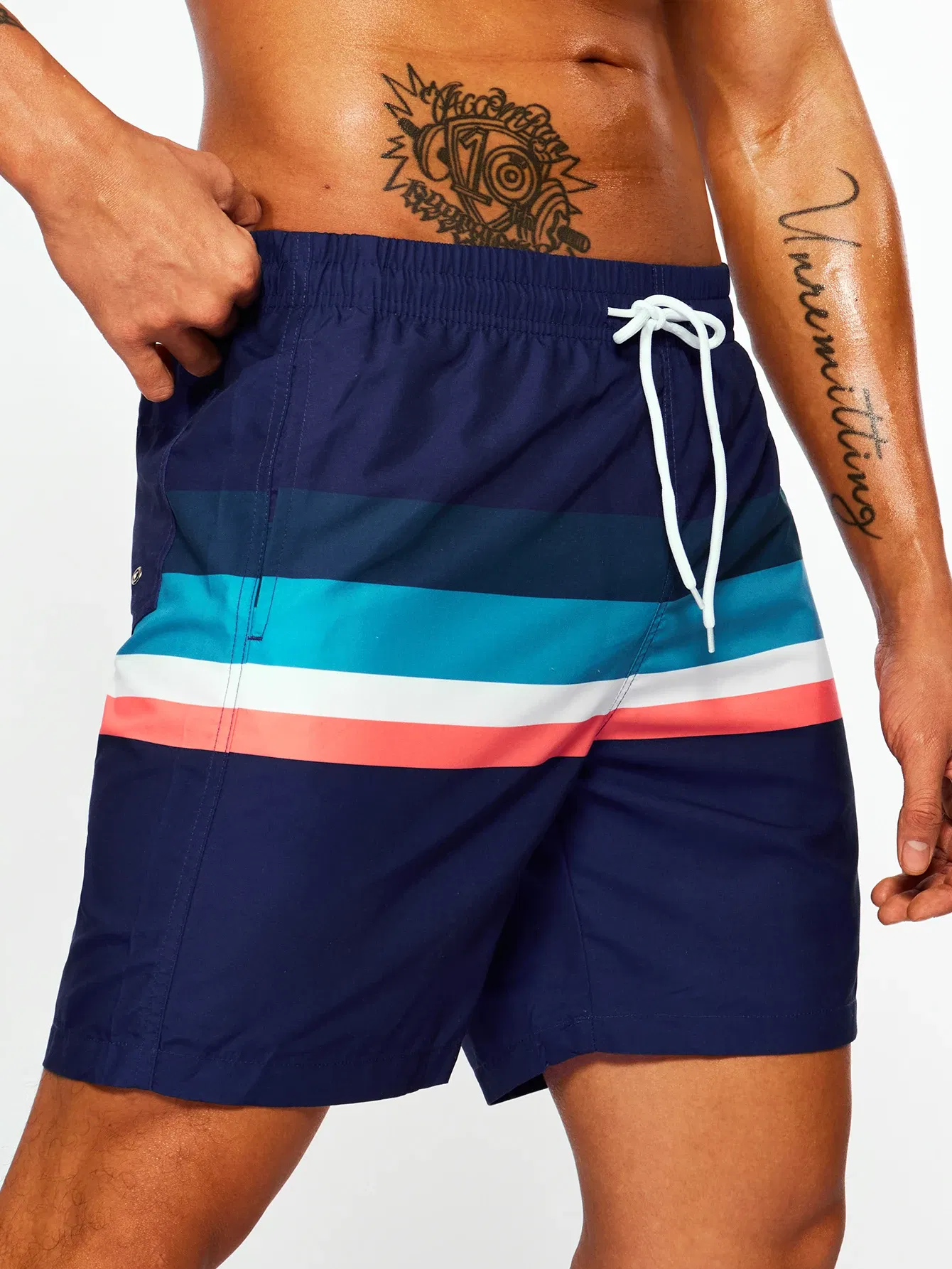 Color: MULTI, Size: XL - Men's Navy Bottom Stripe Insert Print Beach Pants