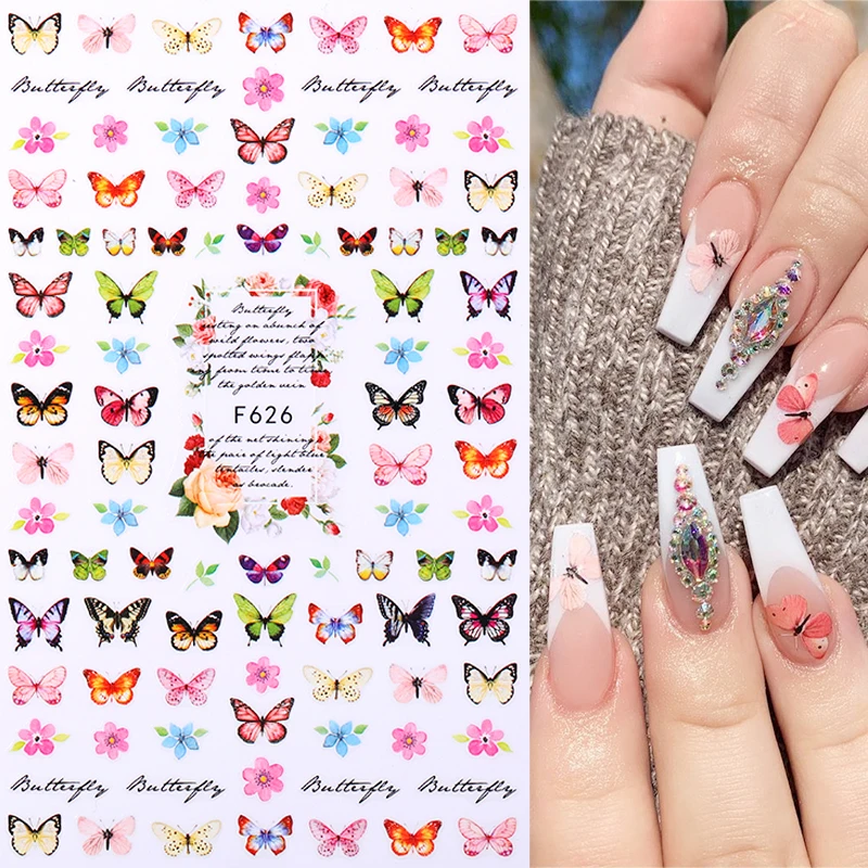 Color: army green - 3D Blue Butterfly Adhesive Stickers Nail Art Decoration Laser Flowers Leaves Nail Sticker Nail Art Supplies Nail Parts