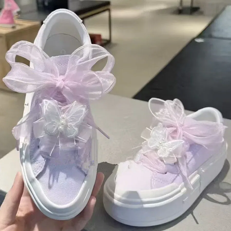 Color: WHITE, Length: 100cm - 4cm Wide Festoon Fishtail Organza Shoelaces Wave Chiffen Fall Winer Bow Laces Beauty White Casual Sneaker DE Training Shoes Lace