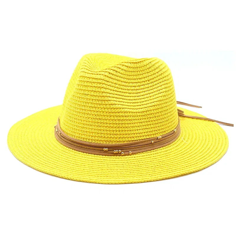 Color: Yellow, Size: L - Big Size 60CM New Straw Hat 7cm Brim Summer Cooling Beach Sun Hat Outdoor Party Panama Jazz Hat Sombreros De Mujer