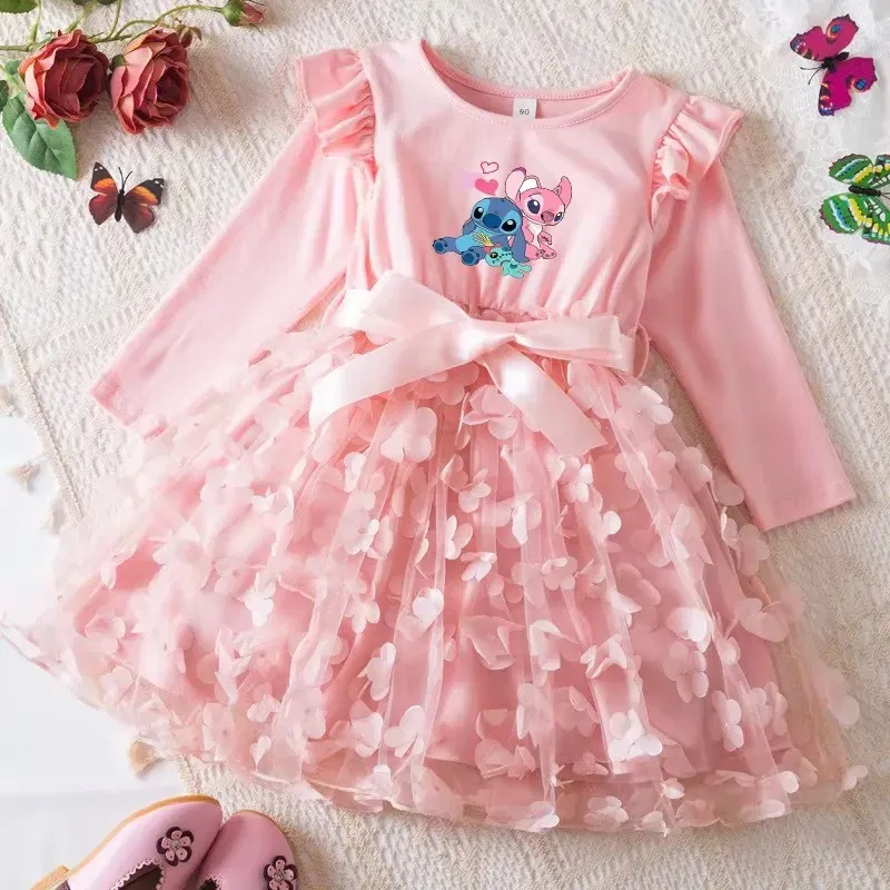Color: Fuchsia, Size: One Size, Height: 176 - Lilo Stitch Girl Baby Dresses Spring Autumn Child Long Sleeve Sweet Princess Dress Mesh Newborn Casual Dress Birthday Party 2-6Y