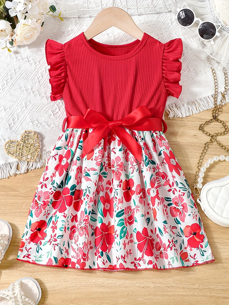 Color: PURPLE, Kid Size: 3T - Sweet Girls Splicing Flower Print Flutter Trim Ribbed Belted Dress